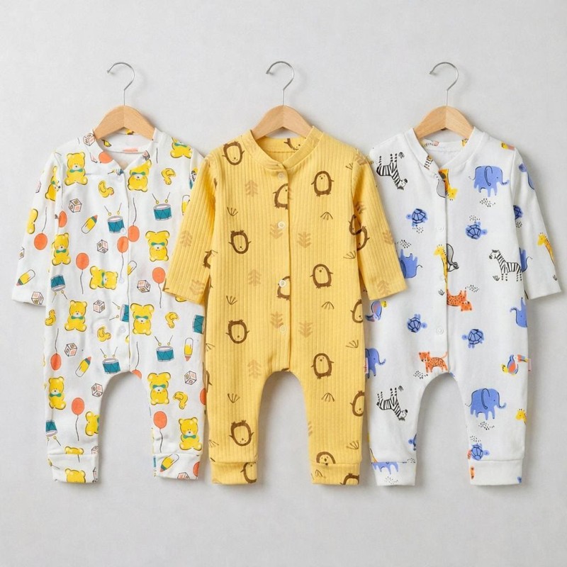 ZıbZıb 3’lü Baskılı Pamuk Erkek & Kız Bebek Tulum Seti 0-6-9 Ay