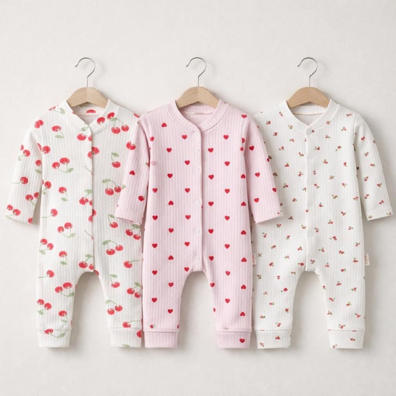 ZıbZıb Kalpli & Kiraz Desenli 3’lü Kız Bebek Tulum Seti