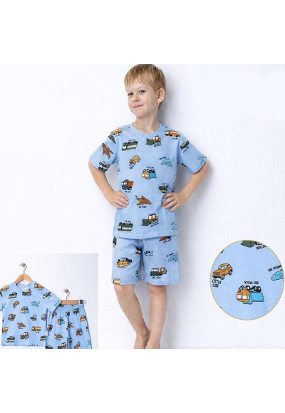 2-5 Yaş Erkek Çocuk Takımı – Arabalı Desenli Pamuklu Tişört Şort Mavi