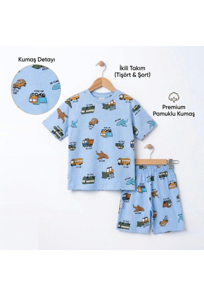 2-5 Yaş Erkek Çocuk Takımı – Arabalı Desenli Pamuklu Tişört Şort Mavi
