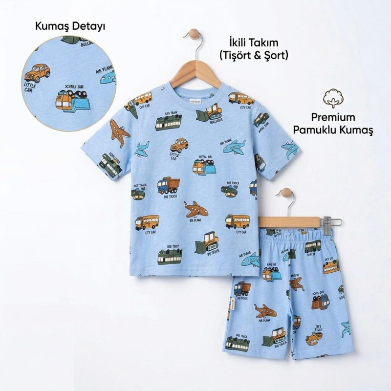 2-5 Yaş Erkek Çocuk Takımı – Arabalı Desenli Pamuklu Tişört Şort Mavi