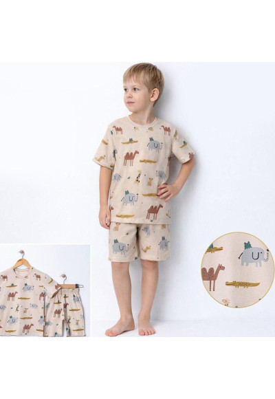 2-5 Yaş Erkek Çocuk Takımı – Safari Desenli Pamuklu Tişört Şort Bej
