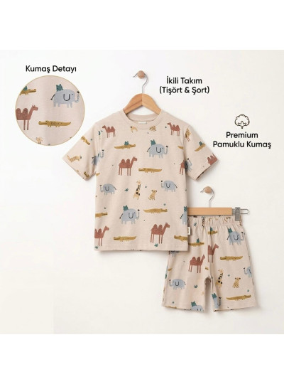 2-5 Yaş Erkek Çocuk Takımı – Safari Desenli Pamuklu Tişört Şort Bej