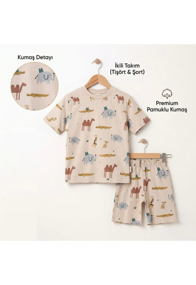 2-5 Yaş Erkek Çocuk Takımı – Safari Desenli Pamuklu Tişört Şort Bej
