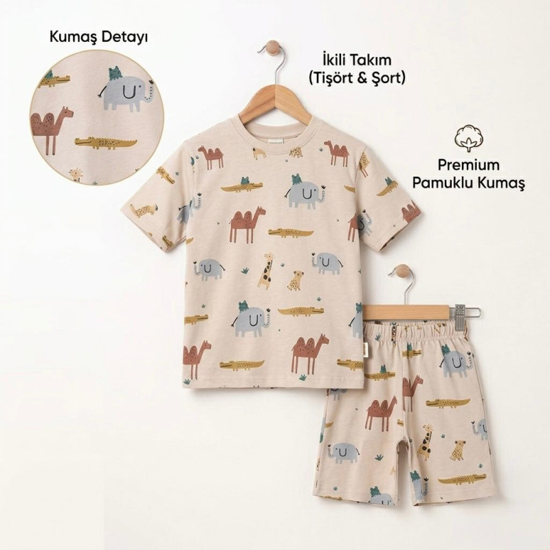 2-5 Yaş Erkek Çocuk Takımı – Safari Desenli Pamuklu Tişört Şort Bej