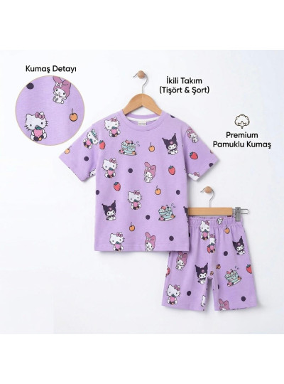2-5 Yaş Hello Kitty Desenli Kız Bebek İkili Takım – Pamuklu Tişört Şort Lila
