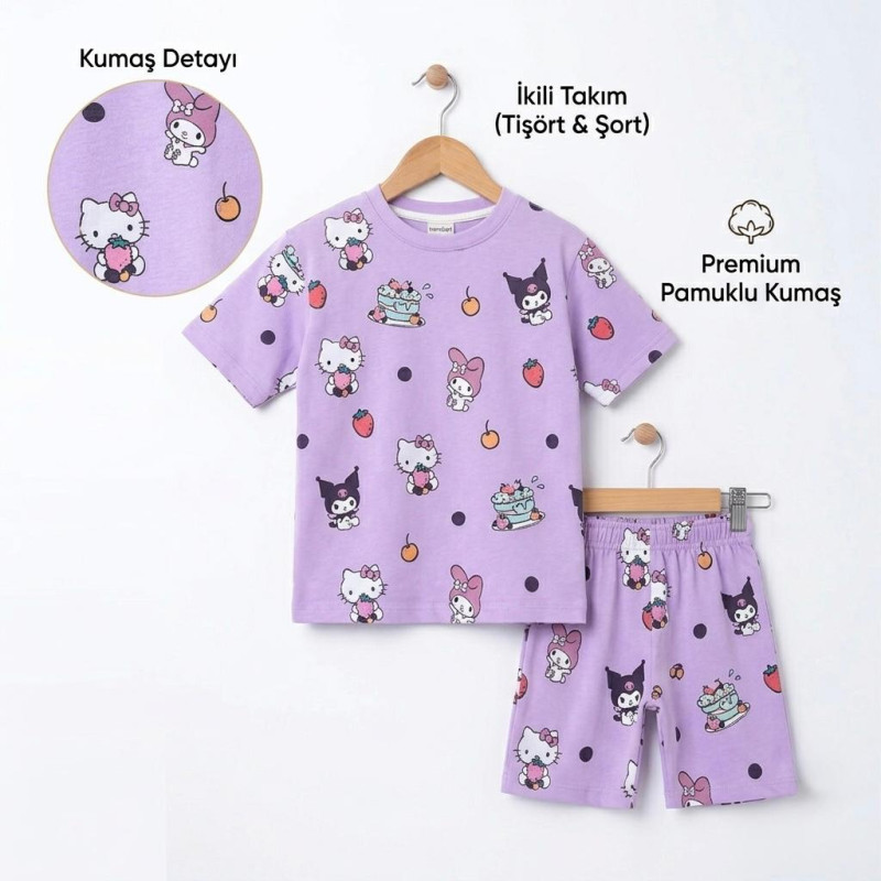 2-5 Yaş Hello Kitty Desenli Kız Bebek İkili Takım – Pamuklu Tişört Şort Lila