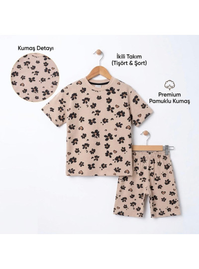 2-5 Yaş Kız Çocuk Çiçek Desenli Takım – Pamuklu Tişört Şort Bej