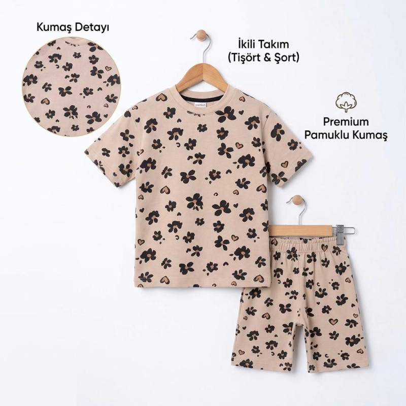 2-5 Yaş Kız Çocuk Çiçek Desenli Takım – Pamuklu Tişört Şort Bej